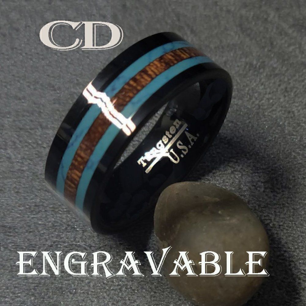 Personalized Engraved Men's Turquoise and Koa Wood Wedding Ring Band